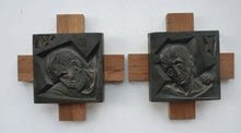 Load image into Gallery viewer, 14 Stylised Vintage Cast Bronze Plaques Mounted on Oak Batons: The Stations of the Cross by R. Gourdan
