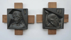14 Stylised Vintage Cast Bronze Plaques Mounted on Oak Batons: The Stations of the Cross by R. Gourdan