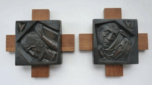 14 Stylised Vintage Cast Bronze Plaques Mounted on Oak Batons: The Stations of the Cross by R. Gourdan