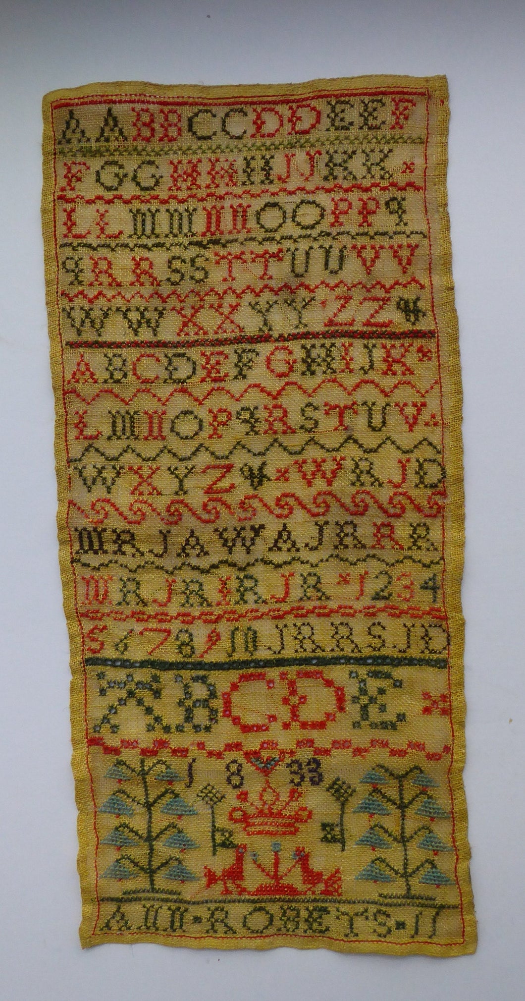 1833 ANTIQUE Embroidered Sampler. Rarer William IV GEORGIAN Scottish Textile by Ann Roberts