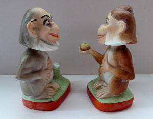 Antique PAIR of Miniature Bisque Porcelain Figures by Schafer & Vater.  Darwin's Theory of Evolution Model. Adam and Eve as Monkeys