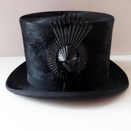 VERY LARGE Genuine Victorian Antique Top Hat. Size 7 1/4+ RARE Coachman's Rosette