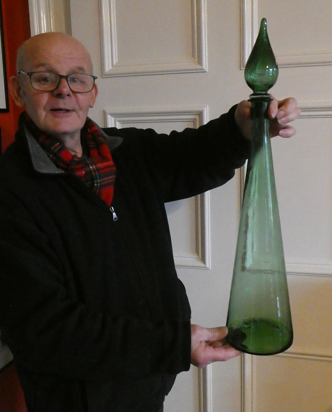 TALL Emerald Green Glass GENIE Vase with Original Hollow Hand Blown Stopper. 24 inches