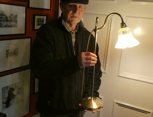 ART NOUVEAU Brass Table Lamp. Genuine Antique Desk Lamp with Moveable Swan Neck Arm. VASELINE SHADE