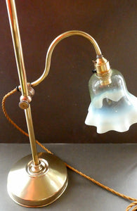 ART NOUVEAU Brass Table Lamp. Genuine Antique Desk Lamp with Moveable Swan Neck Arm. VASELINE SHADE