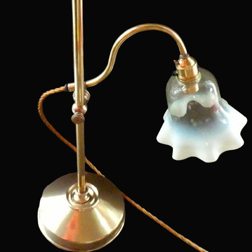 ART NOUVEAU Brass Table Lamp. Genuine Antique Desk Lamp with Moveable Swan Neck Arm. VASELINE SHADE