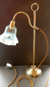 ART NOUVEAU Brass Table Lamp. Genuine Antique Desk Lamp with Moveable Swan Neck Arm. VASELINE SHADE