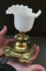 Antique Brass CLASSICAL Table Lamp with Shell & Sunflower Motifs. MILK GLASS SHADE