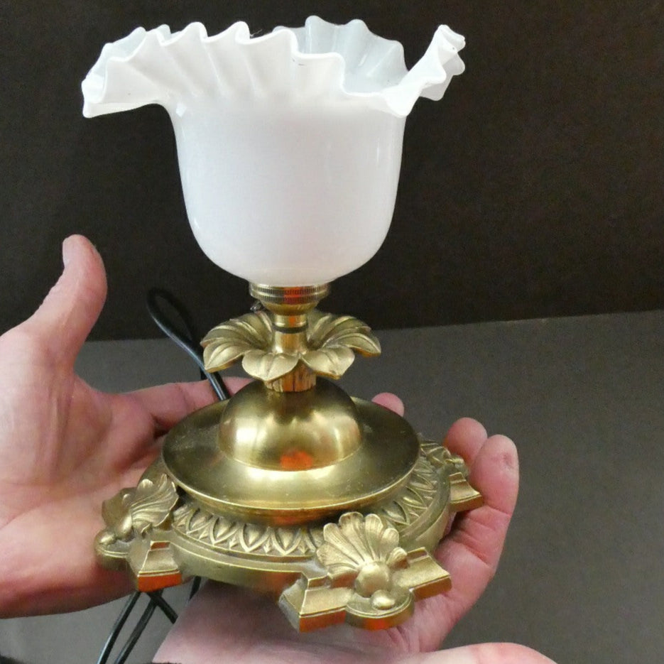 Antique Brass CLASSICAL Table Lamp with Shell & Sunflower Motifs. MILK GLASS SHADE