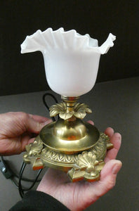 Antique Brass CLASSICAL Table Lamp with Shell & Sunflower Motifs. MILK GLASS SHADE