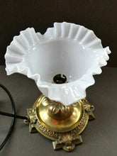 Load image into Gallery viewer, Antique Brass CLASSICAL Table Lamp with Shell &amp; Sunflower Motifs. MILK GLASS SHADE
