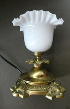 Load image into Gallery viewer, Antique Brass CLASSICAL Table Lamp with Shell &amp; Sunflower Motifs. MILK GLASS SHADE
