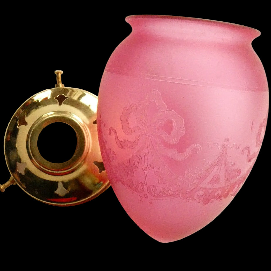 Antique EDWARDIAN Engraved Cranberry Glass and Brass Single Hanging Light Shade