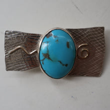 Load image into Gallery viewer, Scottish Silver &amp; Turquoise Designer Brooch by Sheana M. Stephen. Edinburgh Hallmarked 2008
