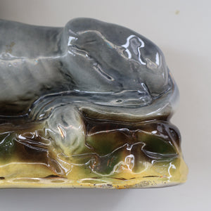 SCOTTISH POTTERY Antique SINGLE VICTORIAN Bo'ness Pottery Large Recumbent Lion, c 1900