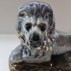 SCOTTISH POTTERY Antique SINGLE VICTORIAN Bo'ness Pottery Large Recumbent Lion, c 1900