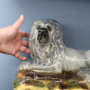 SCOTTISH POTTERY Antique SINGLE VICTORIAN Bo'ness Pottery Large Recumbent Lion, c 1900