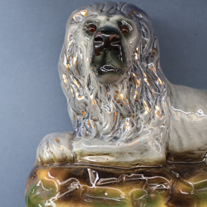 SCOTTISH POTTERY Antique SINGLE VICTORIAN Bo'ness Pottery Large Recumbent Lion, c 1900