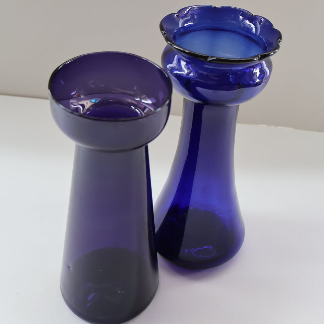 Fine Pair of Hand Blown ANTIQUE Hyacinth Bulb Vases  (Bristol Blue and Amethyst Glass)