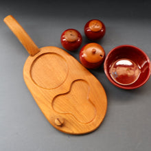 Load image into Gallery viewer, SWEDISH. JIE Gantofta Breakfast Set: Claret Ceramic Salt &amp; Pepper Set, Mustard Pot, Jam Pot on Teak Stand
