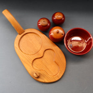 SWEDISH. JIE Gantofta Breakfast Set: Claret Ceramic Salt & Pepper Set, Mustard Pot, Jam Pot on Teak Stand