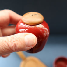 Load image into Gallery viewer, SWEDISH. JIE Gantofta Breakfast Set: Claret Ceramic Salt &amp; Pepper Set, Mustard Pot, Jam Pot on Teak Stand
