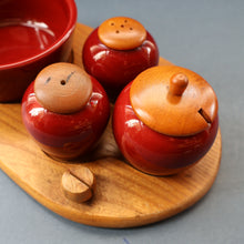 Load image into Gallery viewer, SWEDISH. JIE Gantofta Breakfast Set: Claret Ceramic Salt &amp; Pepper Set, Mustard Pot, Jam Pot on Teak Stand
