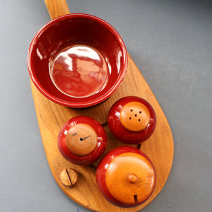 SWEDISH. JIE Gantofta Breakfast Set: Claret Ceramic Salt & Pepper Set, Mustard Pot, Jam Pot on Teak Stand