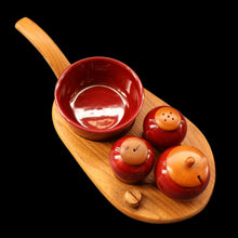Load image into Gallery viewer, SWEDISH. JIE Gantofta Breakfast Set: Claret Ceramic Salt &amp; Pepper Set, Mustard Pot, Jam Pot on Teak Stand
