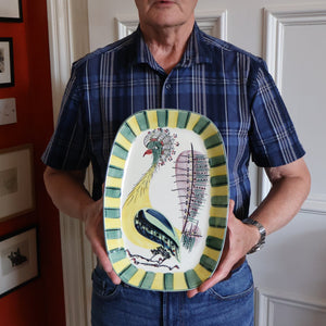 Vintage 1960s ROYAL COPENHAGEN Faience Peacock Platter by Inge-Lise Koefoed. Height 13 inches
