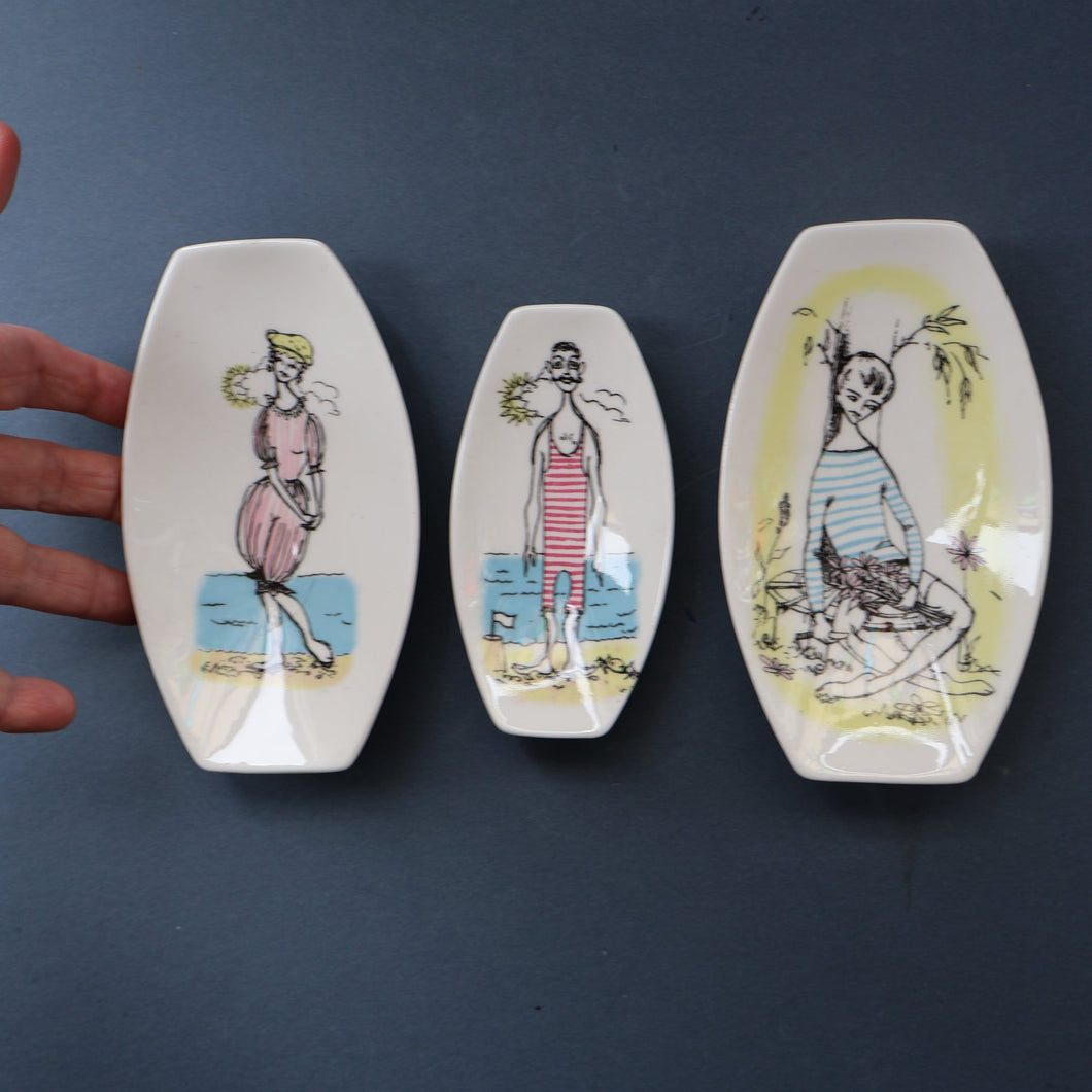 Three Pin Dishes April and Gay Nineties by Maureen Tanner 1950s