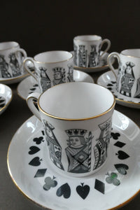 Six Spode Bone China Espresso Cups and Saucers. Playing Cards Pattern