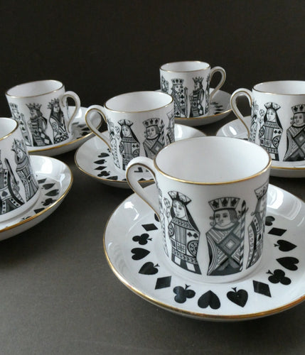 Six Spode Bone China Espresso Cups and Saucers. Playing Cards Pattern