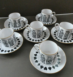 Six Spode Bone China Espresso Cups and Saucers. Playing Cards Pattern