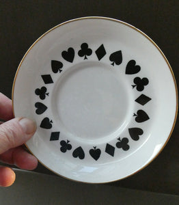 Six Spode Bone China Espresso Cups and Saucers. Playing Cards Pattern