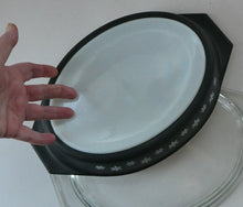 Load image into Gallery viewer, 1950s Vintage PYREX GAEITY Oval Divided Lidded Serving Dish Gaiety BLACK SNOWFLAKE
