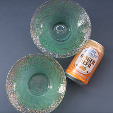 Load image into Gallery viewer, SCOTTISH GLASS. Collectable Small PAIR of 1930s Monart Bowls. Aqua with Silver Aventurine (I)
