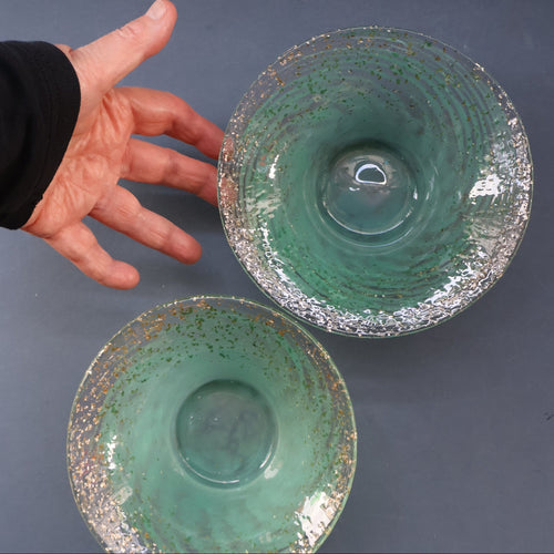 SCOTTISH GLASS. Collectable Small PAIR of 1930s Monart Bowls. Aqua with Silver Aventurine (I)
