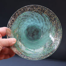 Load image into Gallery viewer, SCOTTISH GLASS. Collectable Small PAIR of 1930s Monart Bowls. Aqua with Silver Aventurine (H)
