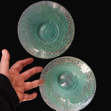 Load image into Gallery viewer, SCOTTISH GLASS. Collectable Small PAIR of 1930s Monart Bowls. Aqua with Silver Aventurine (H)
