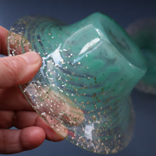 Load image into Gallery viewer, SCOTTISH GLASS. Collectable Small PAIR of 1930s Monart Bowls. Aqua with Silver Aventurine (G)
