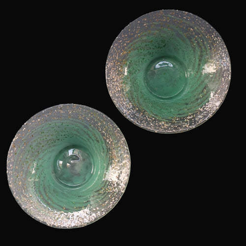 SCOTTISH GLASS. Collectable Small PAIR of 1930s Monart Bowls. Aqua with Silver Aventurine (G)