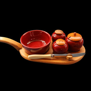 SWEDISH. JIE Gantofta Breakfast Set: Claret Ceramic Salt & Pepper Set, Mustard Pot, Jam Pot on Teak Stand