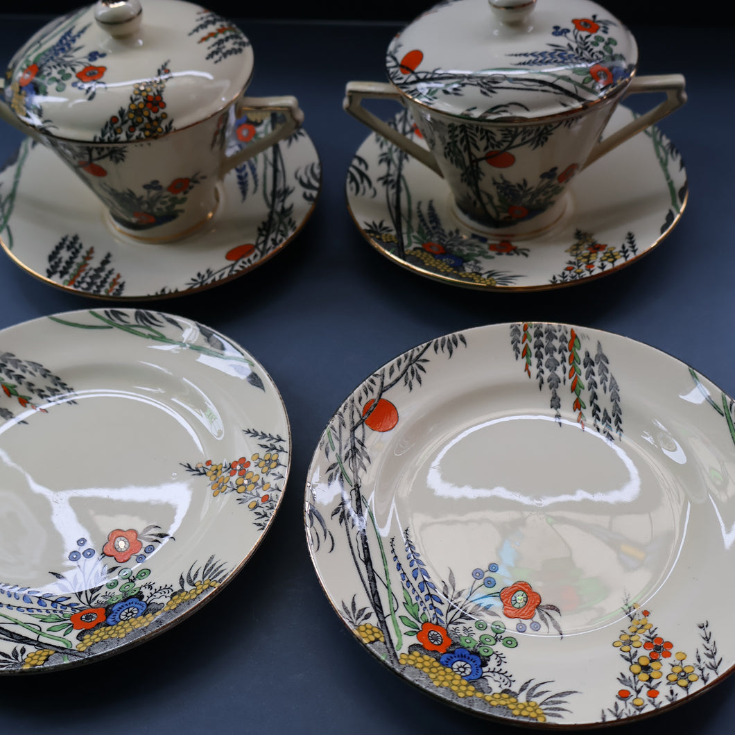 PAIR OF Royal Cauldron Clare de Lune. Lidded Cups, Saucers and Side Plate