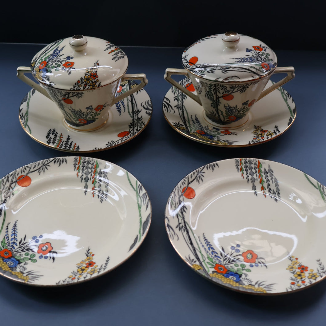 PAIR OF Royal Cauldron Clare de Lune. Lidded Cups, Saucers and Side Plate