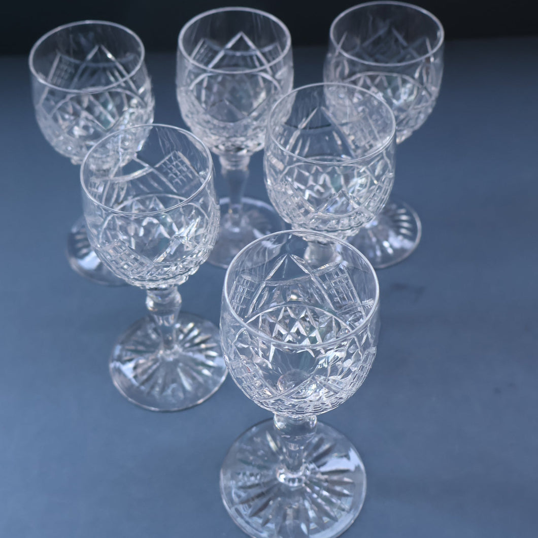 SET OF SIX EDINBURGH CRYSTAL (EDI8 Pattern) Small White Wine Glasses. SIGNED Height 4 5/8 inches