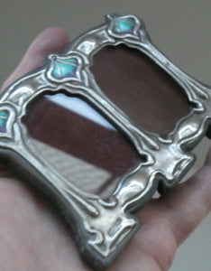 Antique Miniature Art Nouveau STERLING SILVER Double Photo Frame with Enamel Highlights