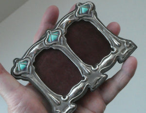 Antique Miniature Art Nouveau STERLING SILVER Double Photo Frame with Enamel Highlights
