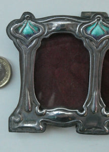 Antique Miniature Art Nouveau STERLING SILVER Double Photo Frame with Enamel Highlights