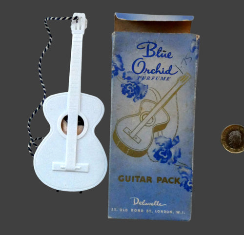 Very Rare 1930s Delavelle Blue Orchid Perfume Bottle in Novelty Guitar Case